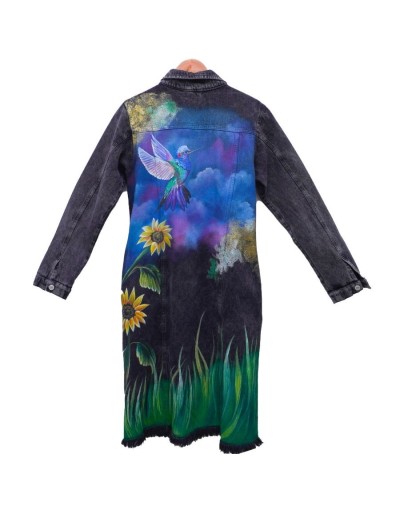 Chaqueta tipo gabardina diseño colibri con girasol