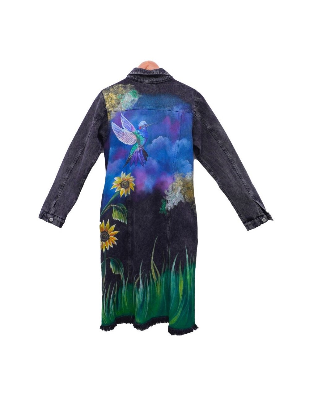 Chaqueta tipo gabardina diseño colibri con girasol