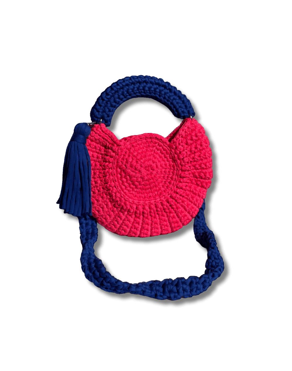 Bolso en trapillos redondo azul y fucsia mimada