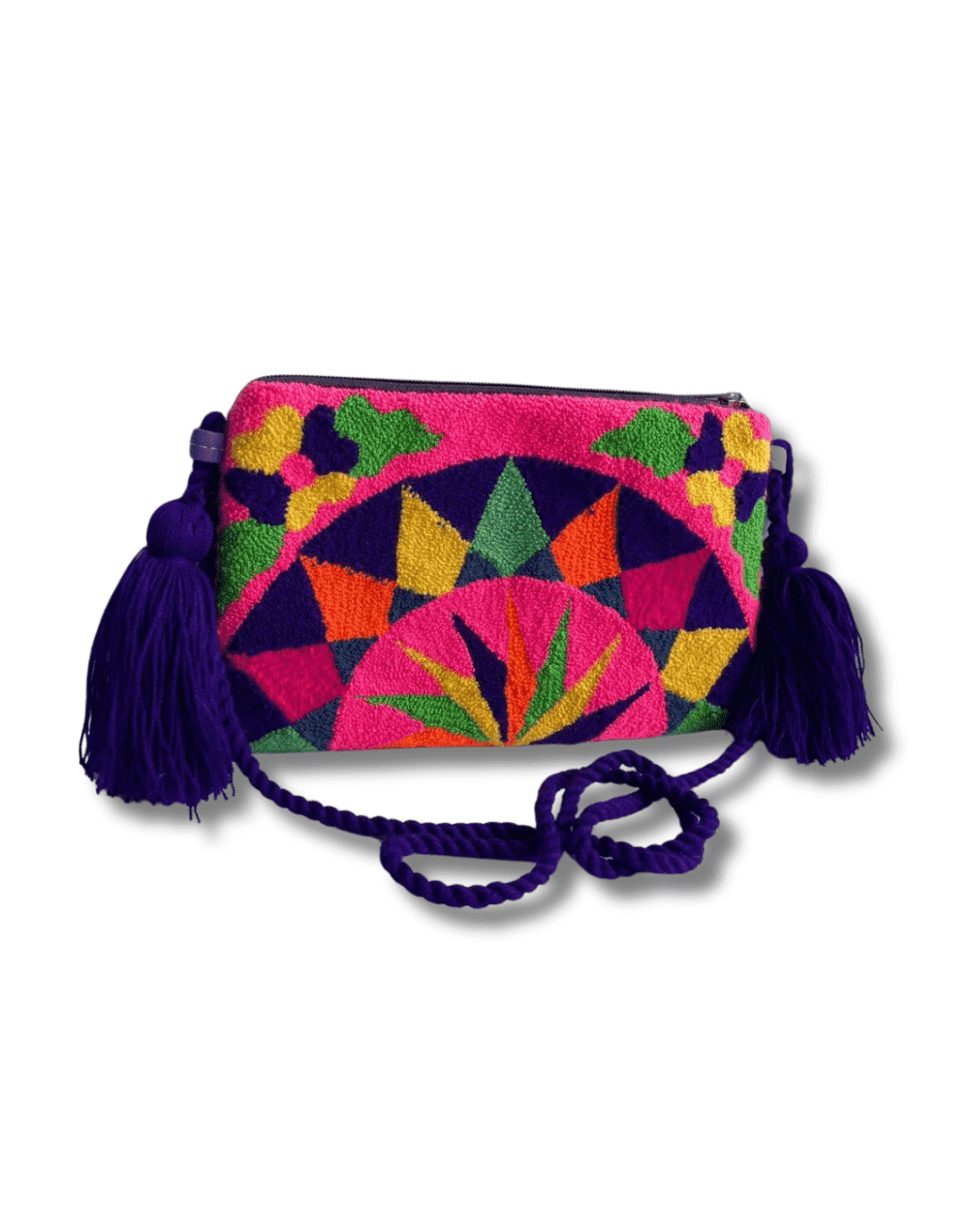 Bolso tapizado wayúu cargadera y borla azul mimada