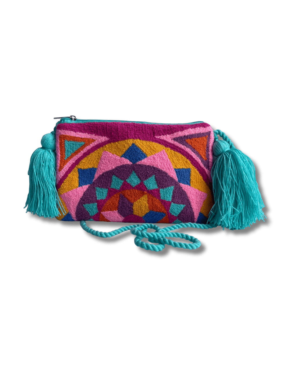 Bolso tapizado wayúu ceres cargadera y borla aguamarina mimada