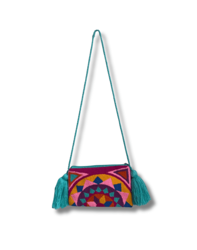 Bolso tapizado wayúu ceres cargadera y borla aguamarina mimada