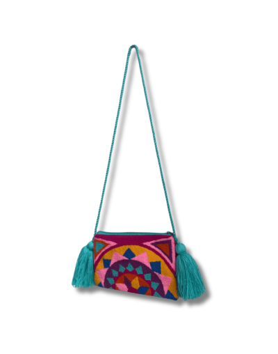 Bolso tapizado wayúu ceres cargadera y borla aguamarina mimada