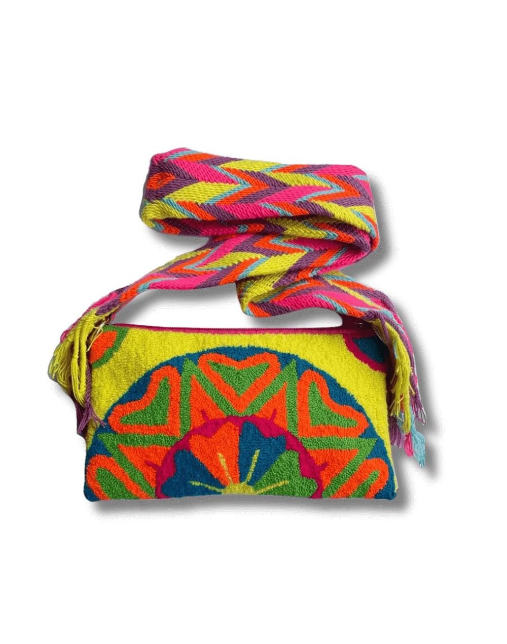 Bolso tapizado wayúu vesta amarillo corazones mimada