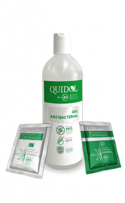 Kit Gel Antibacterial + Sachet Shampoo y Acondicionador Cannabis 30ml