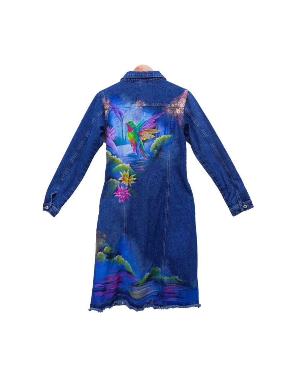 Chaqueta tipo gabardina diseño paisaje colibrí