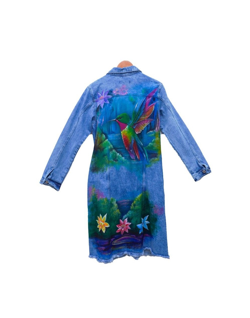 Chaqueta tipo gabardina diseño paisaje colibrí