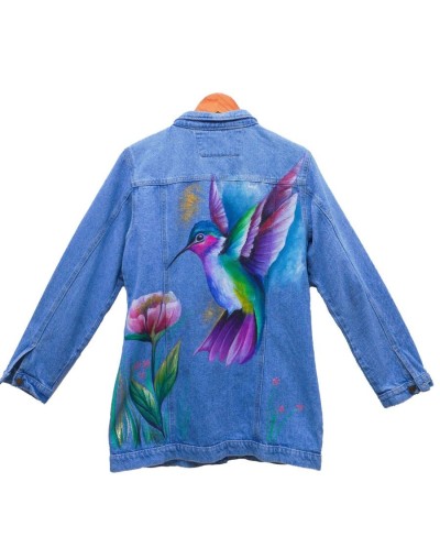 Chaqueta tipo gaban dama diseño paisaje colibrí