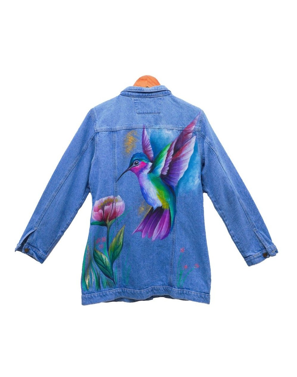 Chaqueta tipo gaban dama diseño paisaje colibrí
