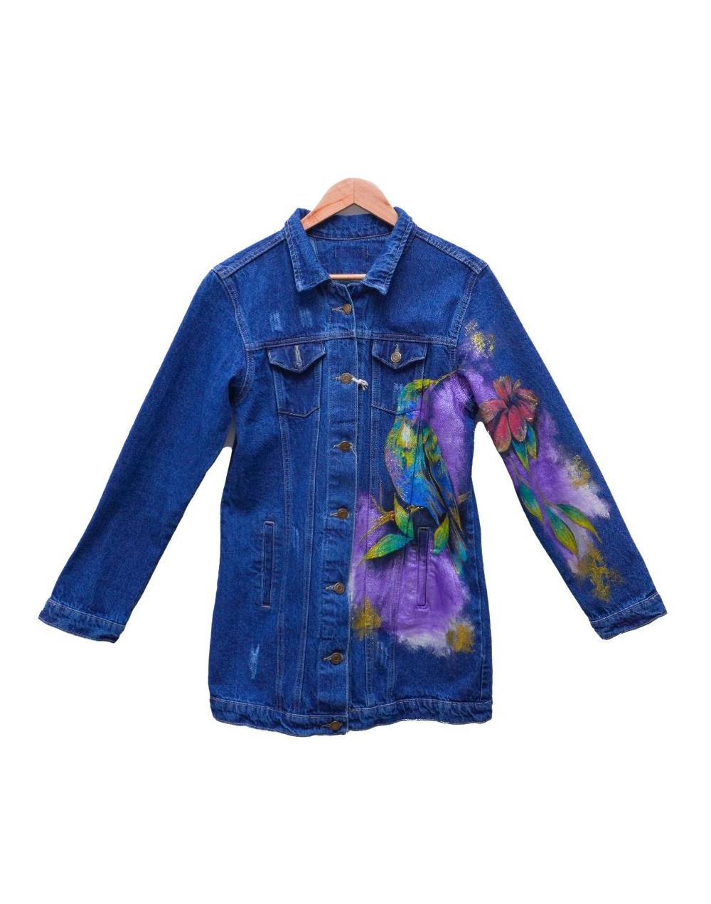 Chaqueta tipo gaban dama diseño pajaro frente y manga