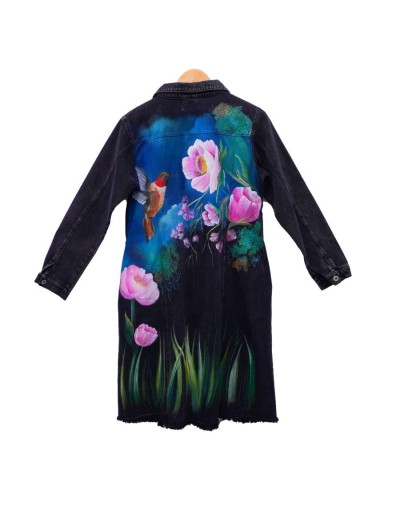 Chaqueta tipo gabardina diseño colibrí flores grandes