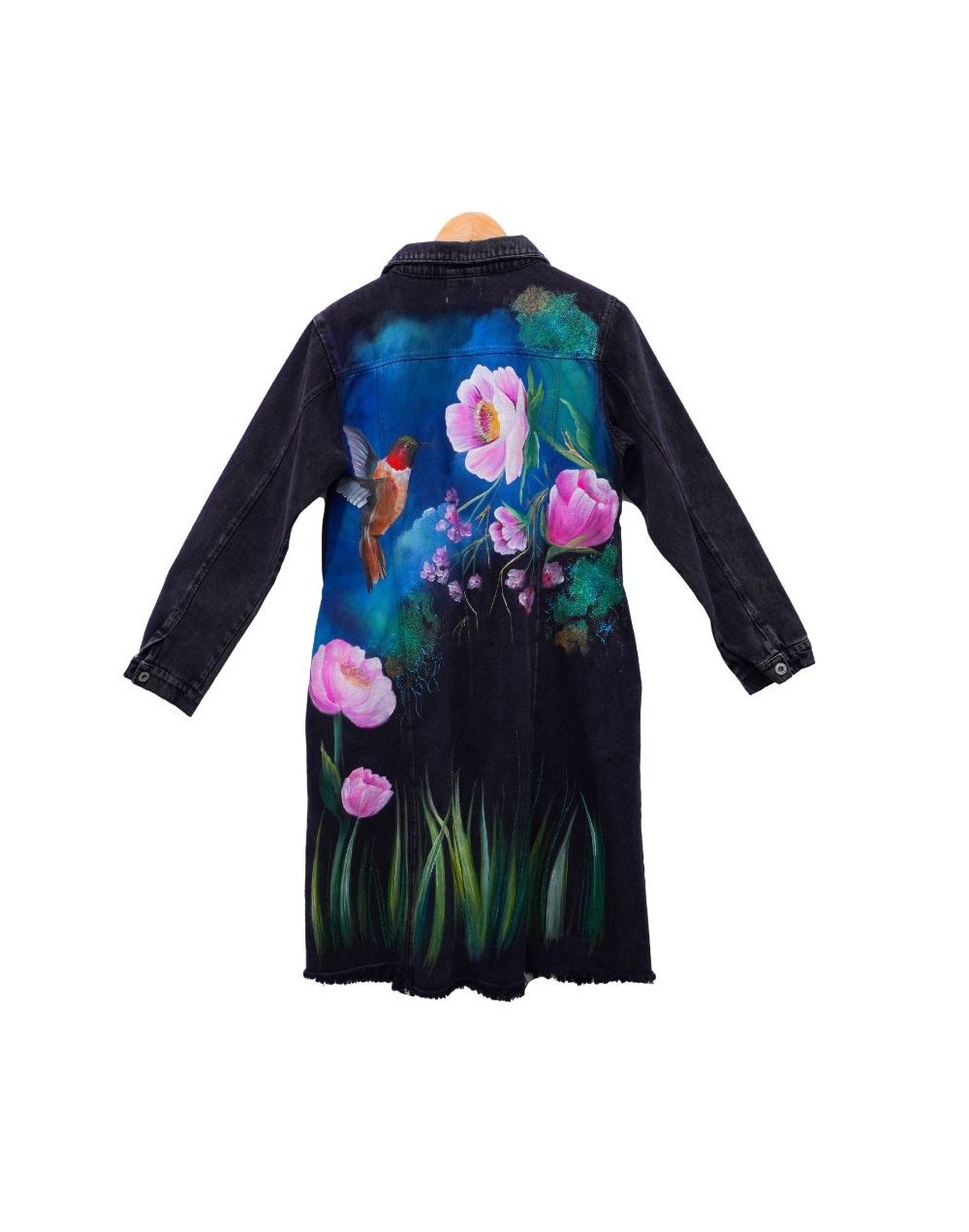 Chaqueta tipo gabardina diseño colibrí flores grandes