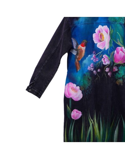 Chaqueta tipo gabardina diseño colibrí flores grandes