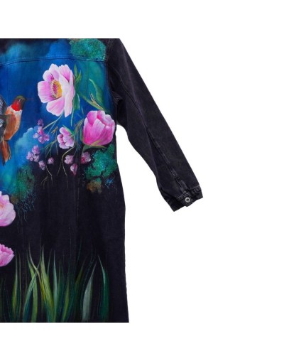 Chaqueta tipo gabardina diseño colibrí flores grandes