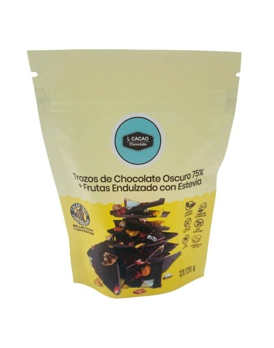 Trozos de chocolate oscuro al 75% con frutas       endulzado con estevia