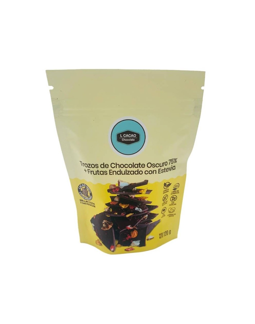 Trozos de chocolate oscuro al 75% con frutas       endulzado con estevia