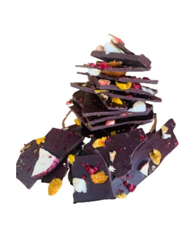 Trozos de chocolate oscuro al 75% con frutas       endulzado con estevia