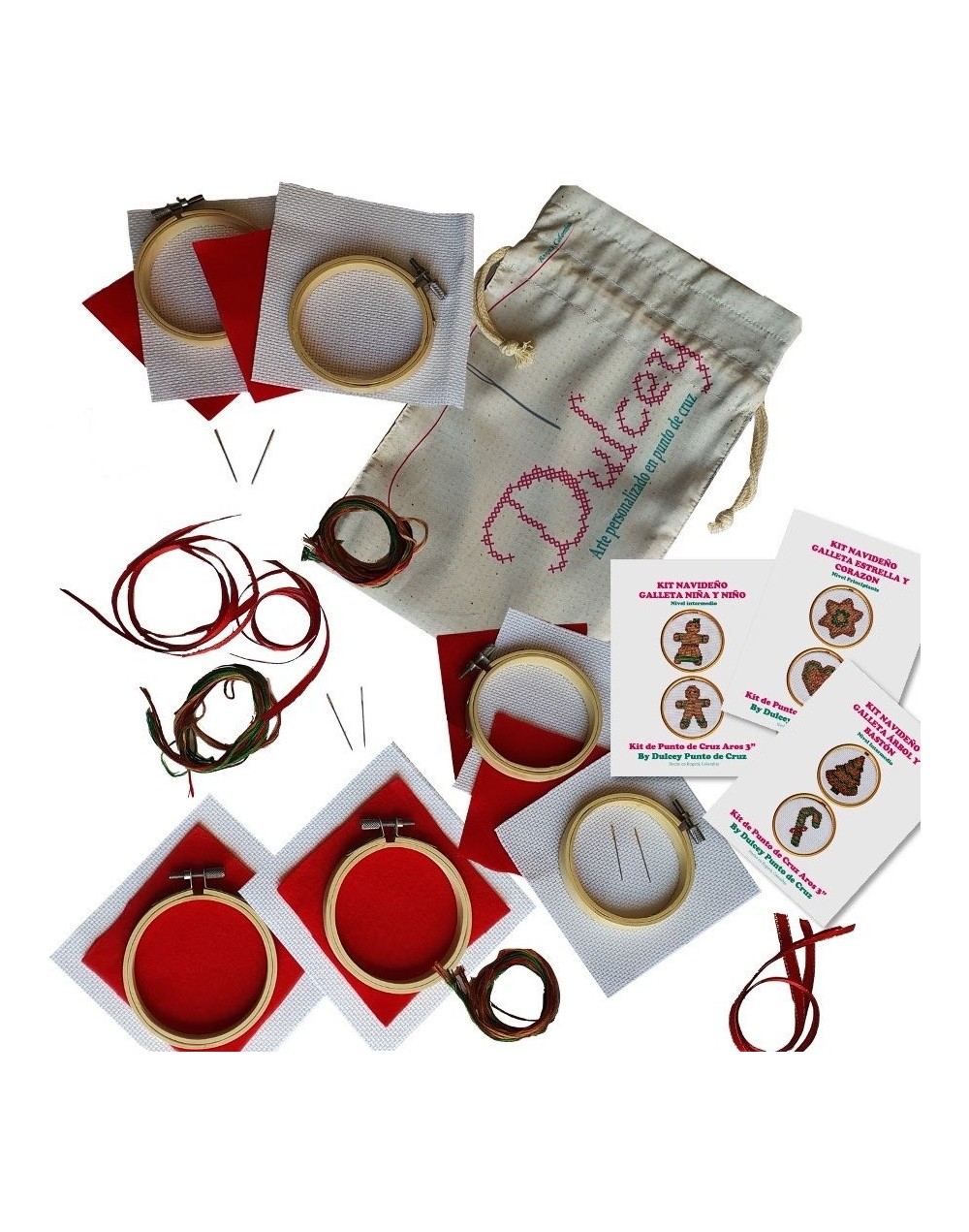 Kit Navideño Punto de Cruz - Familia Galletas - Seis Aros de 3 pulgadas