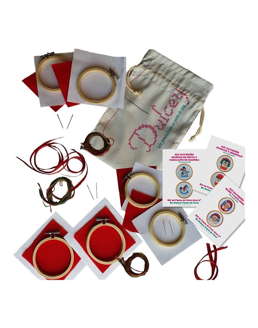 Kit Navideño Punto de Cruz - Familia Encanto de Nieve - Seis Aros de 3 pulgadas