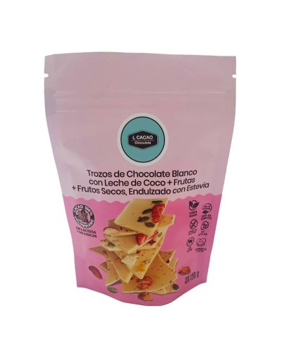 Trozos de chocolate blanco con leche de coco + frutas  +frutos secos endulzado con estevia