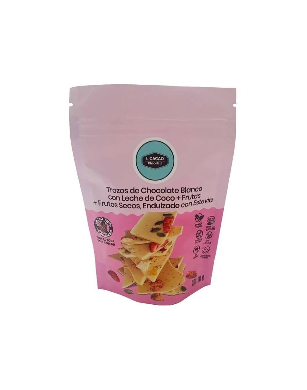 Trozos de chocolate blanco con leche de coco + frutas  +frutos secos endulzado con estevia