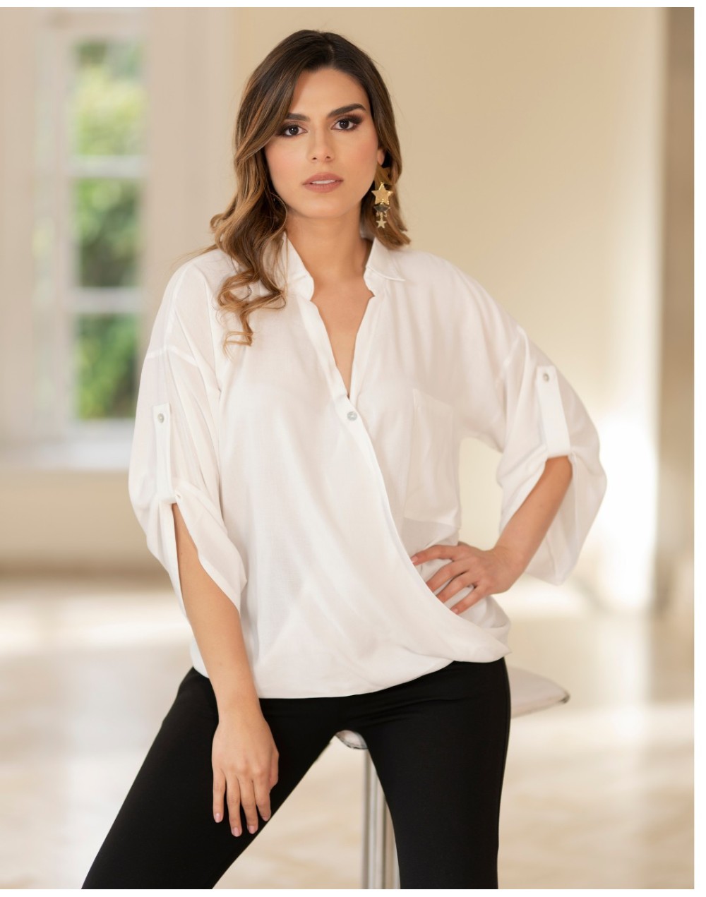 BLUSA CRUZADA CON BOLSILLO DELATERO MANGAS 34