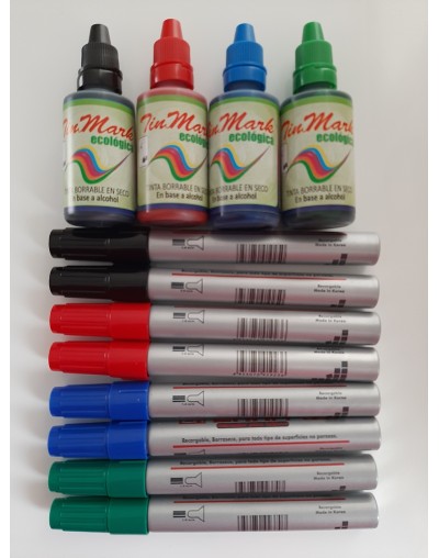 KIT 4 TINTAS BORRABLES  8 MARCADORES METÁLICOS RECAGABLES