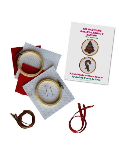 Kit Navideño Punto de Cruz - Galleta Árbol y Bastón - dos Aros de 3 pulgadas