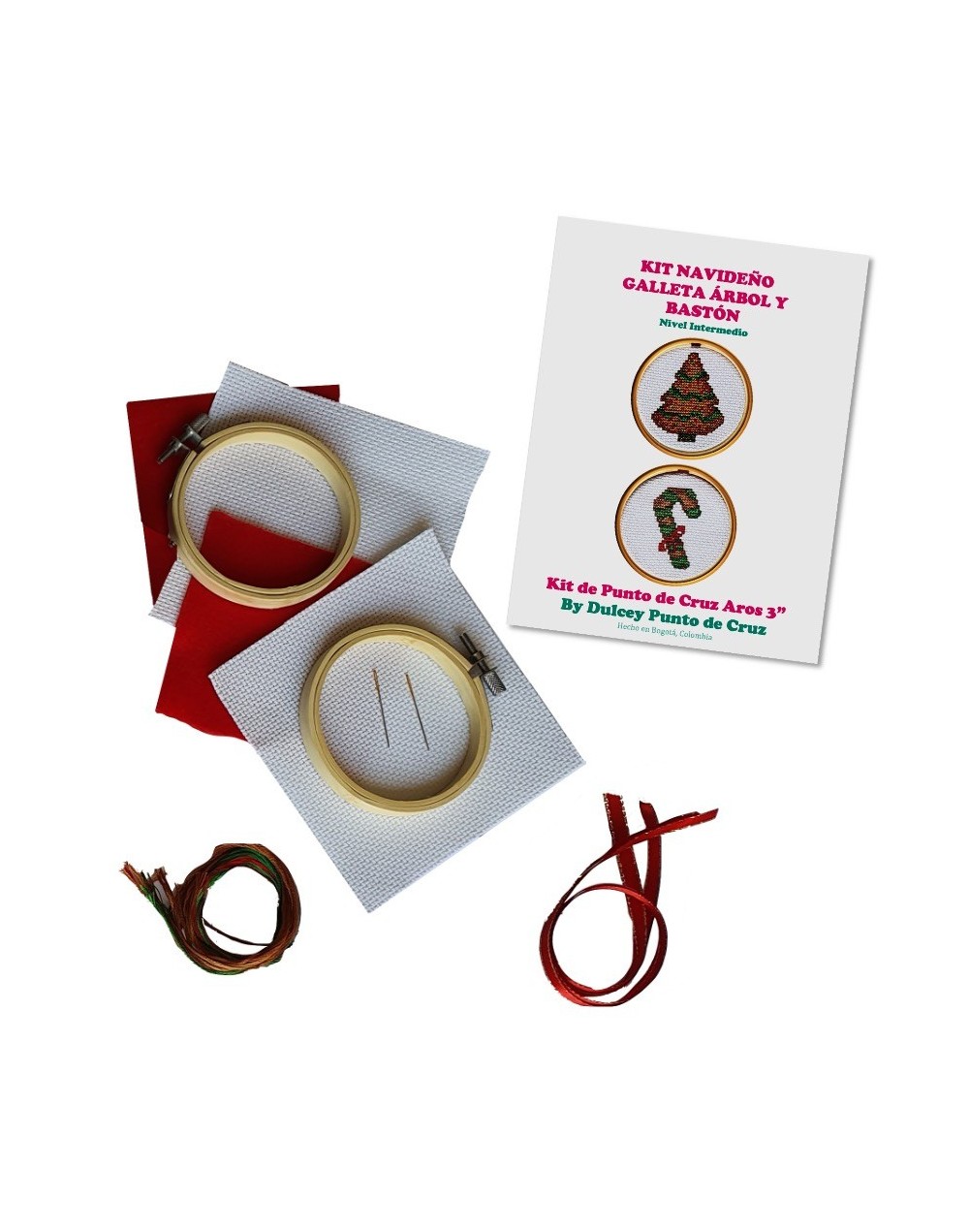 Kit Navideño Punto de Cruz - Galleta Árbol y Bastón - dos Aros de 3 pulgadas