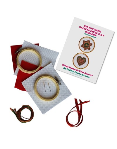 Kit Navideño Punto de Cruz - Galleta Estrella y Corazón - dos Aros de 3 pulgadas