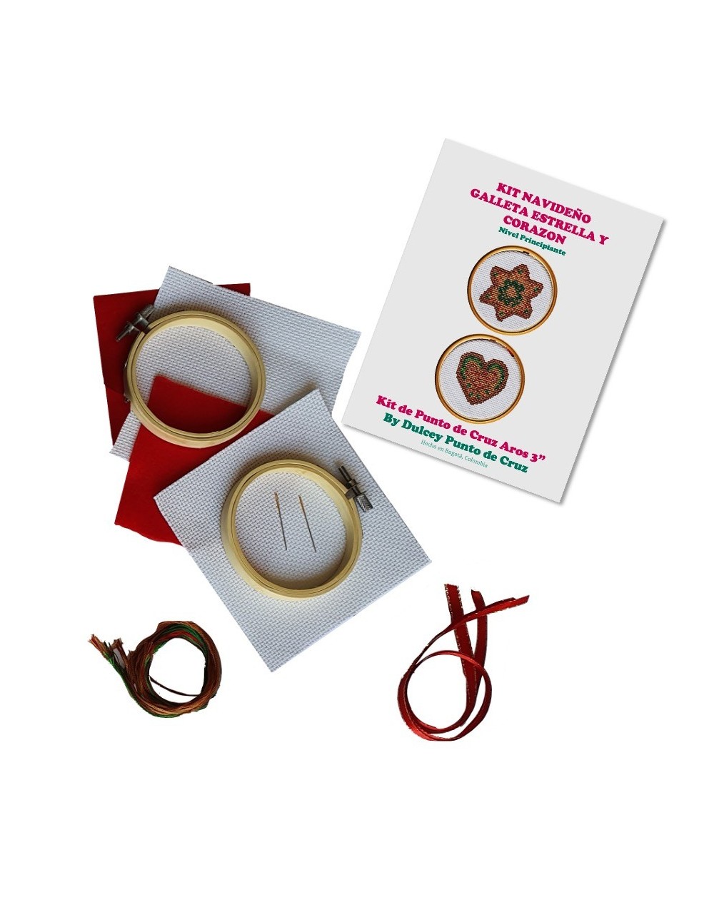 Kit Navideño Punto de Cruz - Galleta Estrella y Corazón - dos Aros de 3 pulgadas