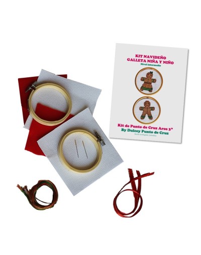 Kit Navideño Punto de Cruz - Galleta Niña y Niño - dos Aros de 3 pulgadas