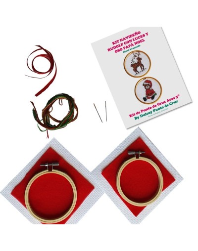 Kit Navideño Punto de Cruz - Rudolf con luces y Oso Papá Noel - dos Aros de 3 pulgadas