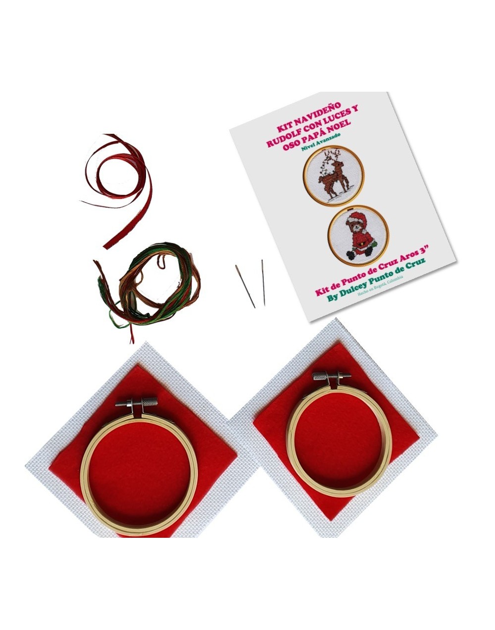 Kit Navideño Punto de Cruz - Rudolf con luces y Oso Papá Noel - dos Aros de 3 pulgadas