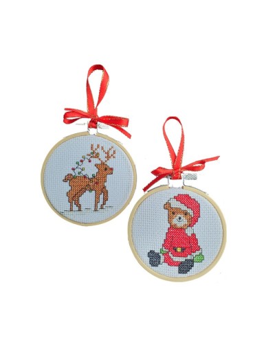 Kit Navideño Punto de Cruz - Rudolf con luces y Oso Papá Noel - dos Aros de 3 pulgadas