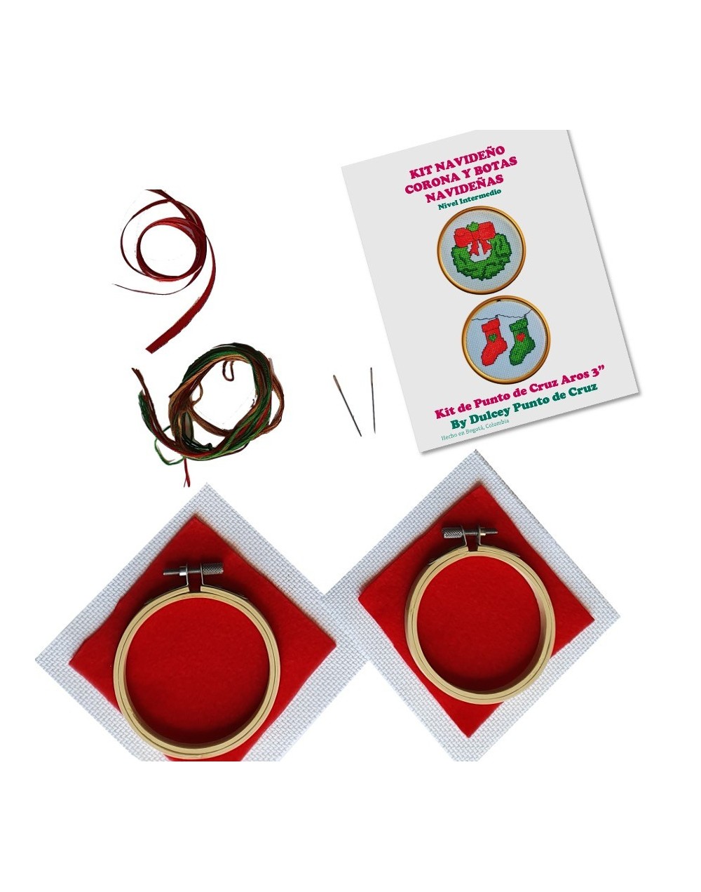Kit Navideño Punto de Cruz - Corona y Botas navideñas - dos Aros de 3 pulgadas
