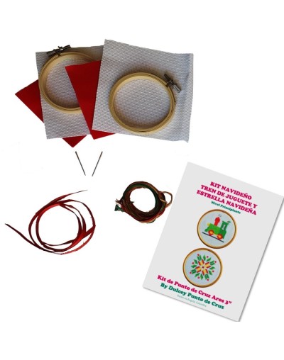 Kit Navideño Punto de Cruz - Tren de juguete y Estrella navideña - dos Aros de 3 pulgadas