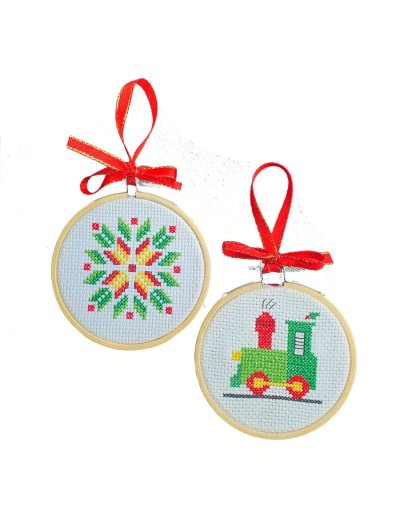 Kit Navideño Punto de Cruz - Tren de juguete y Estrella navideña - dos Aros de 3 pulgadas