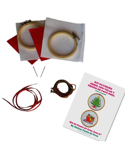 Kit Navideño Punto de Cruz - Árbol con velas y Trineo de Papá Noel - dos Aros de 3 pulgadas