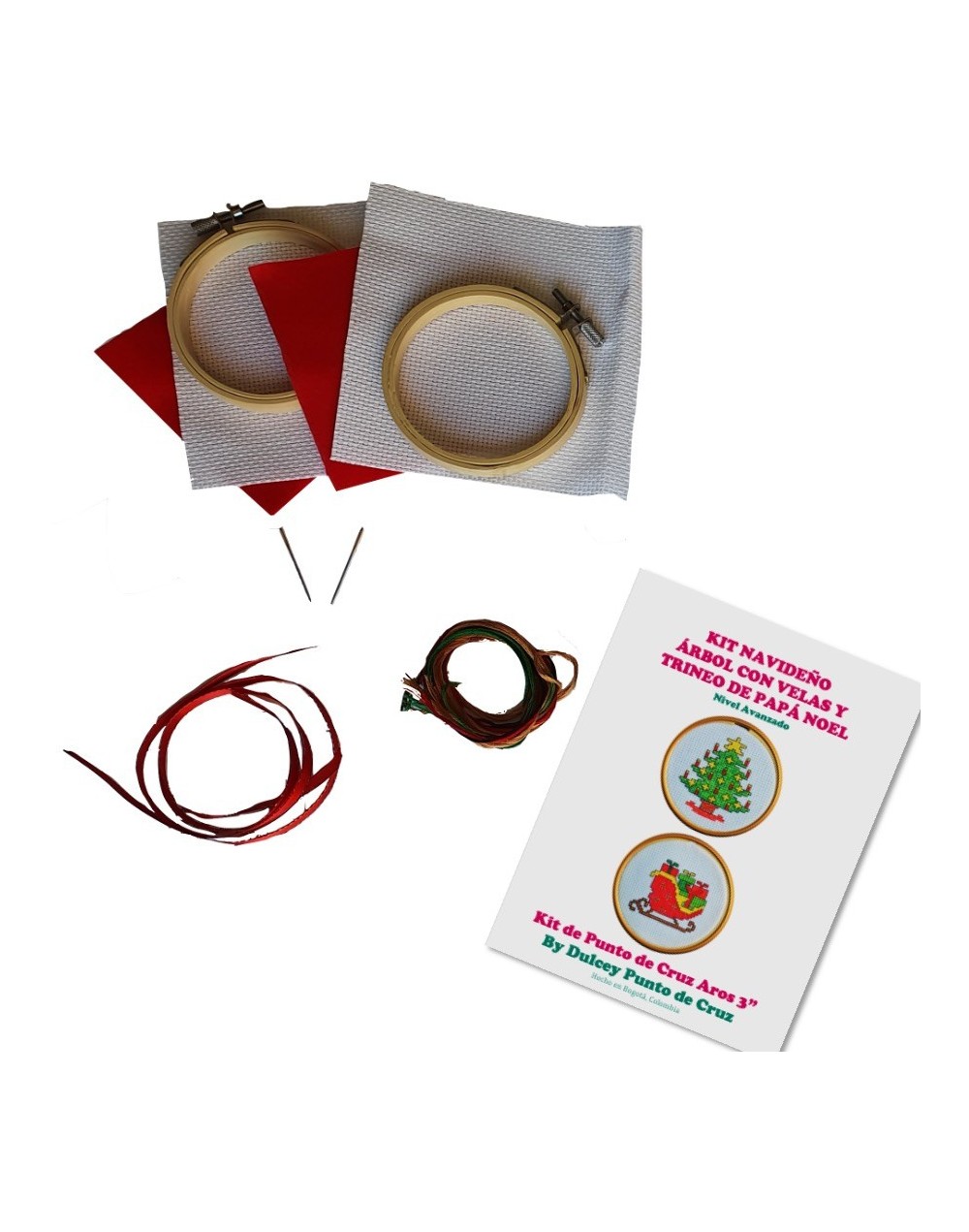Kit Navideño Punto de Cruz - Árbol con velas y Trineo de Papá Noel - dos Aros de 3 pulgadas