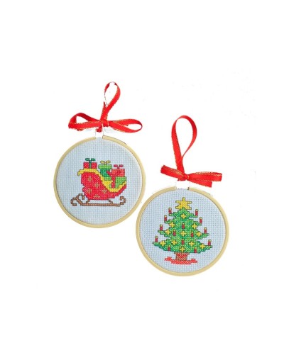 Kit Navideño Punto de Cruz - Árbol con velas y Trineo de Papá Noel - dos Aros de 3 pulgadas