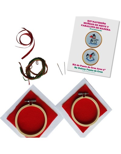 Kit Navideño Punto de Cruz - Muñeco de nieve y Caballito de madera - dos Aros de 3 pulgadas