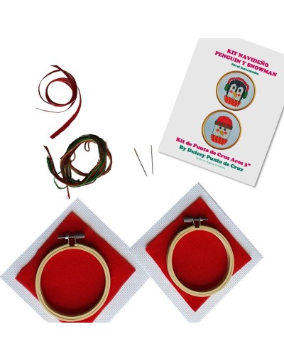 Kit Navideño Punto de Cruz - Penguin y Snowman - dos Aros de 3 pulgadas