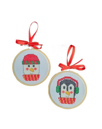 Kit Navideño Punto de Cruz - Penguin y Snowman - dos Aros de 3 pulgadas