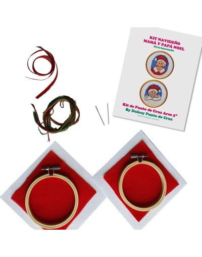 Kit Navideño Punto de Cruz - Papá y Mamá Noel  - dos Aros de 3 pulgadas