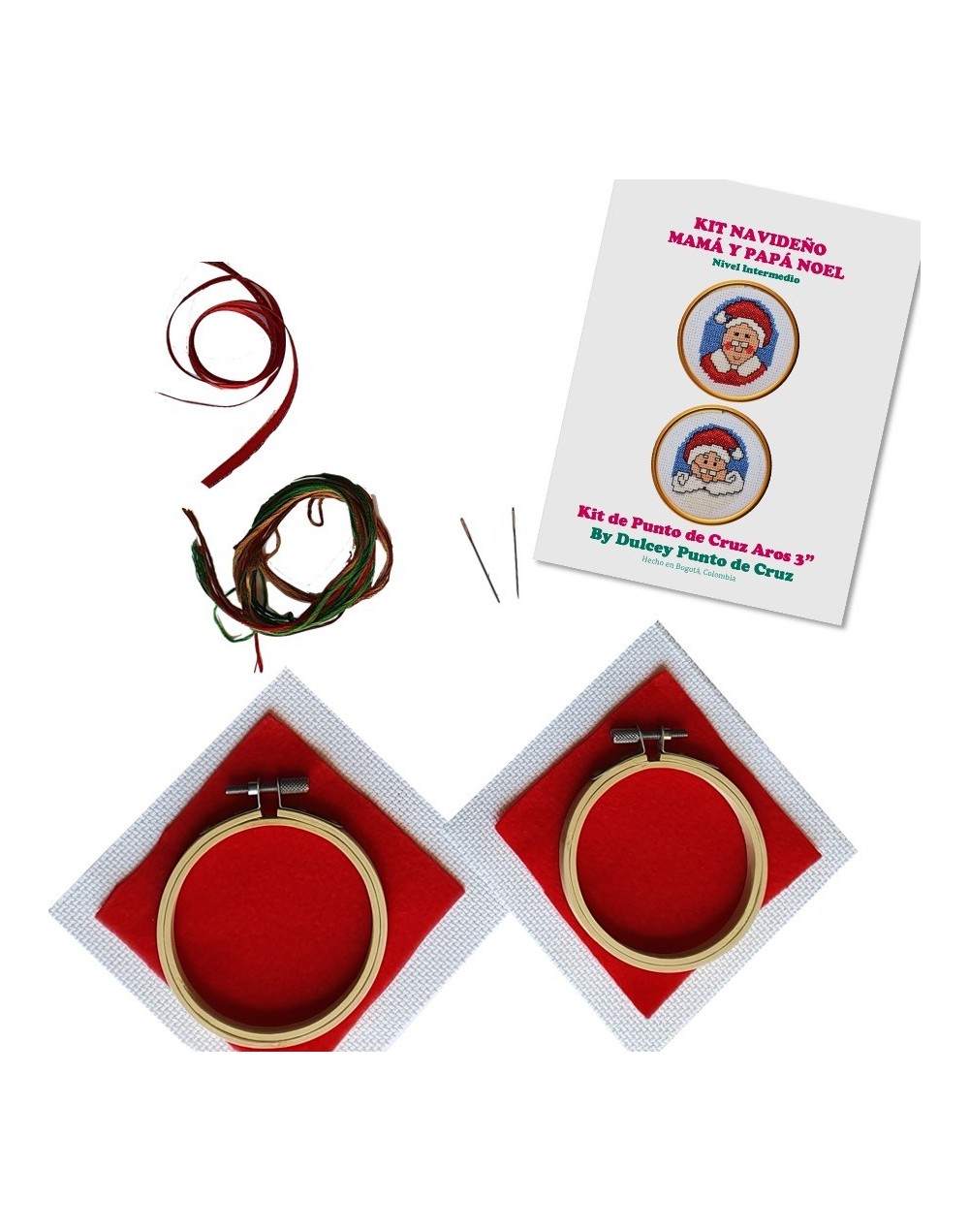 Kit Navideño Punto de Cruz - Papá y Mamá Noel  - dos Aros de 3 pulgadas