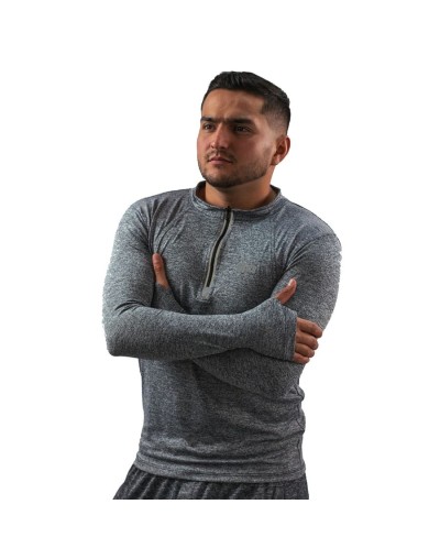 Camibuso de hombre deportivo tipo polo manga larga gris jaspeado