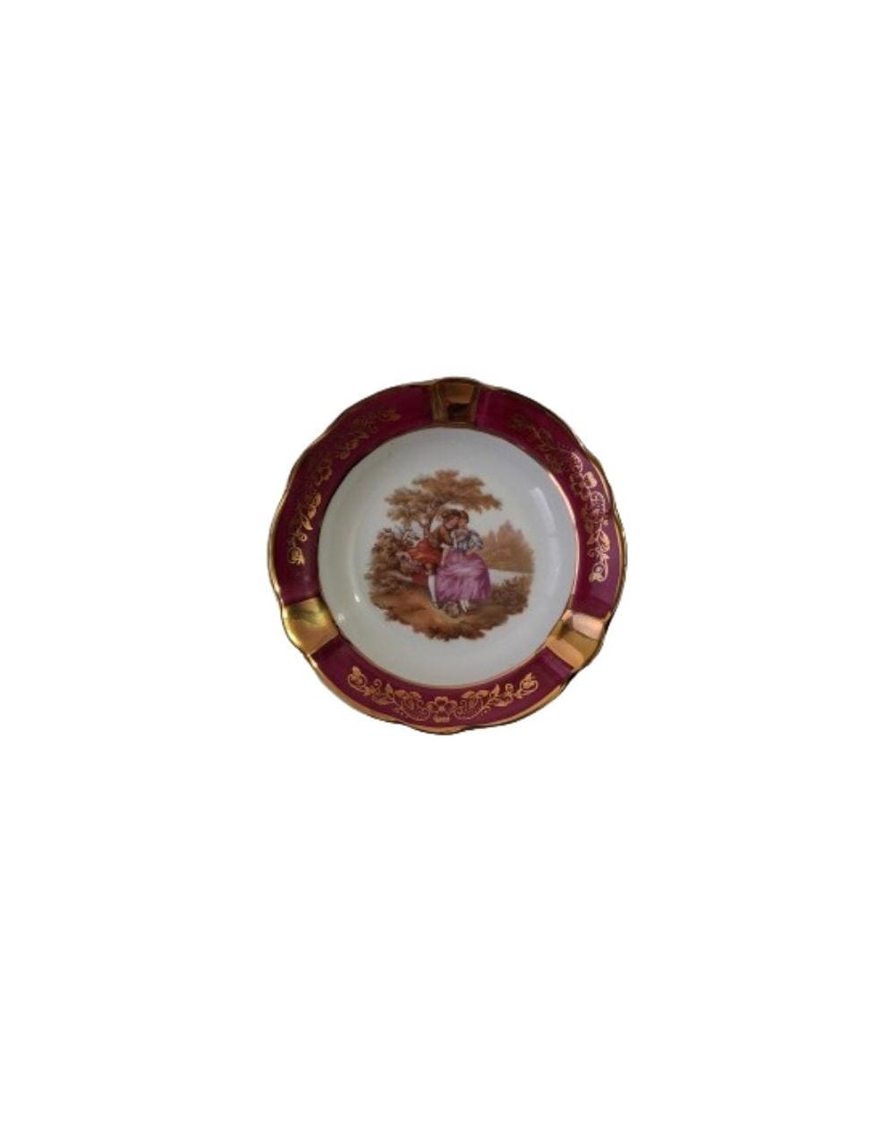 Cenicero limoges con borde burdeos y detalles dorados