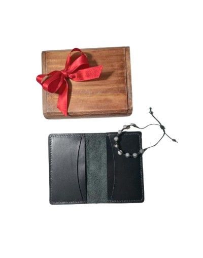Kit de Lujo: Portadocumentos de Cuero con Pulsera de Piedra Semipreciosa