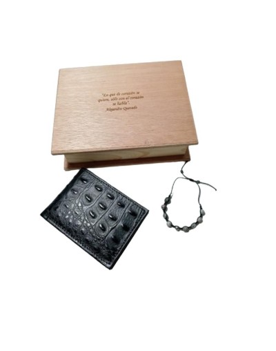 Kit de Lujo: Billetera de Cuero Vacuno con Textura de Cocodrilo y Pulsera de Piedra Semipreciosa